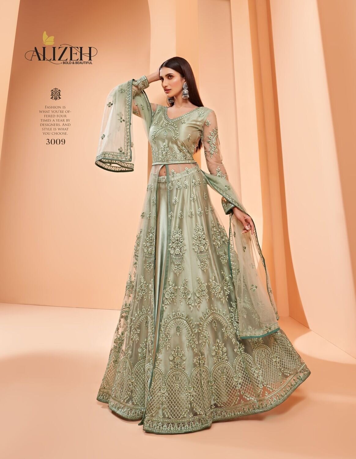 Floral Embroidered Sequence Work Anarkali Lehenga In Pista Green