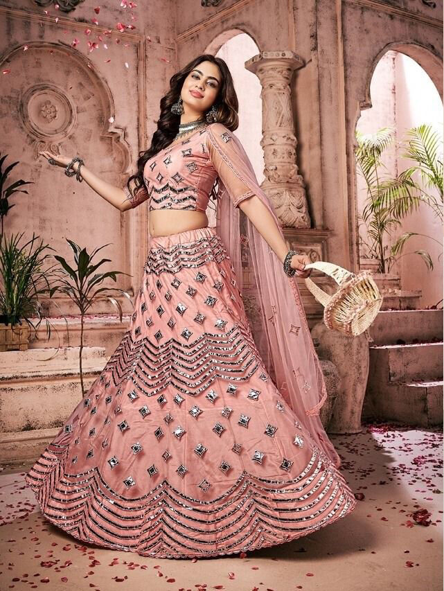 Foil Mirror With Thread Work Soft Net Lehenga In Pink