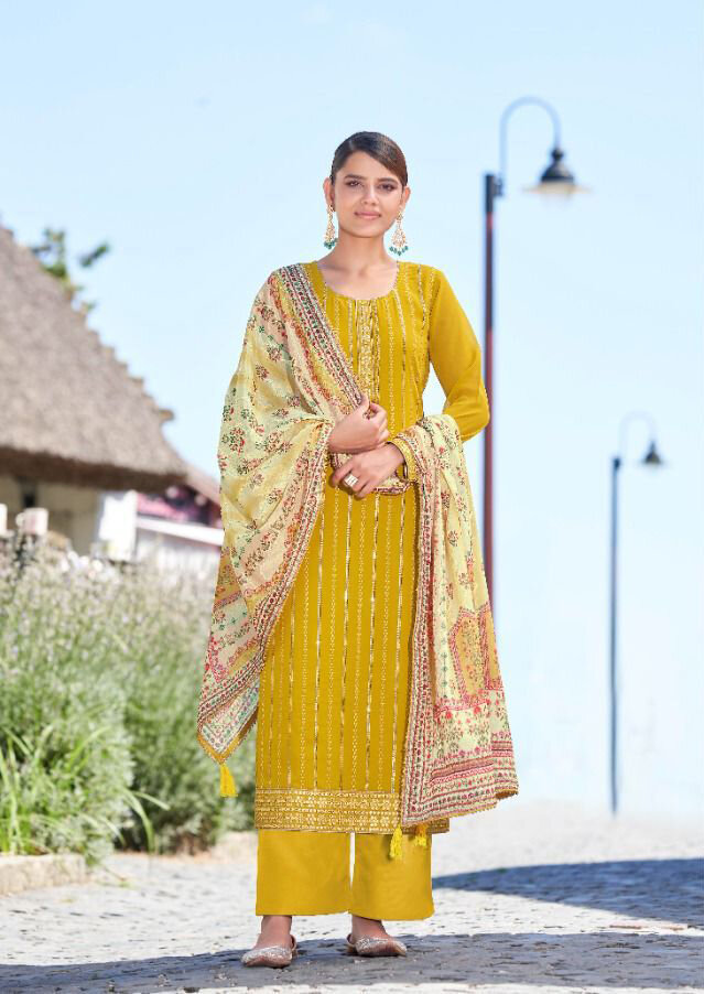 Georgette Plazzo Suit With Embroidery In Mustard Yellow