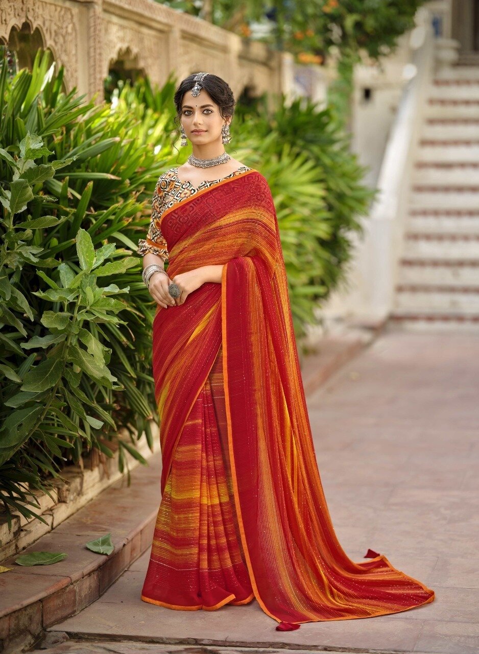 Gorgeous Blouse Embroidered Georgette Sequence Saree In Red