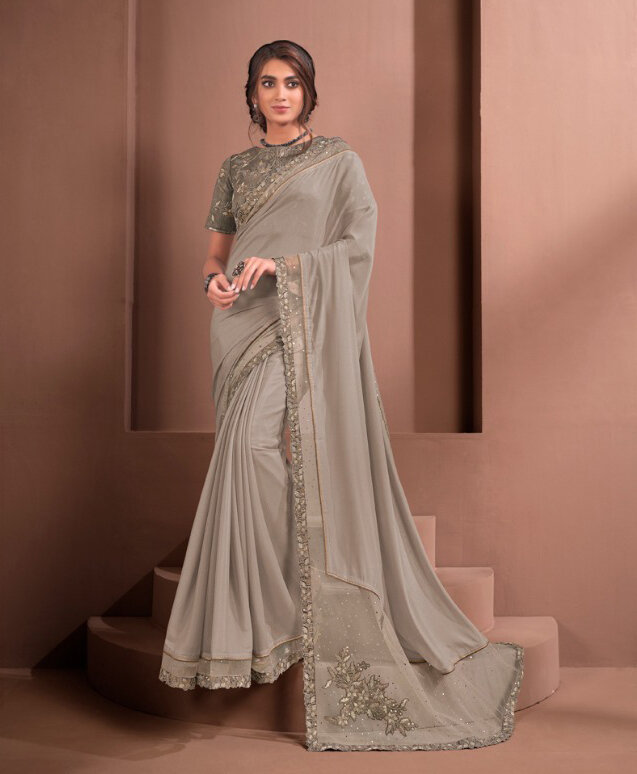 Gorgeous Embroidered Silk Saree In Grey