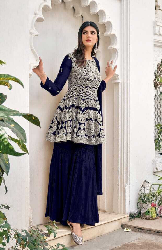 Heavy Blooming Georgette Embroidered Sharara Suit In Dark Blue