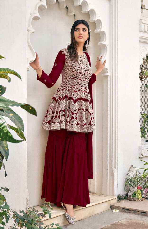 Heavy Blooming Georgette Embroidered Sharara Suit In Maroon