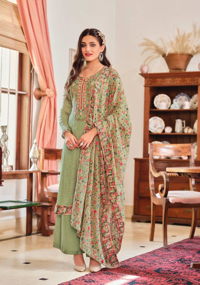 Heavy Chinon Embroidered Plazzo Suit In Green