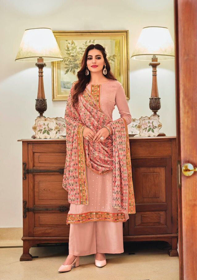 Heavy Chinon Embroidered Plazzo Suit In Light Pink