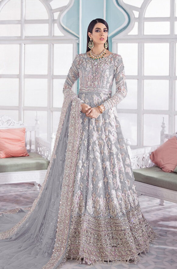 Heavy Embroidered Butterfly Net Anarkali Suit In Grey