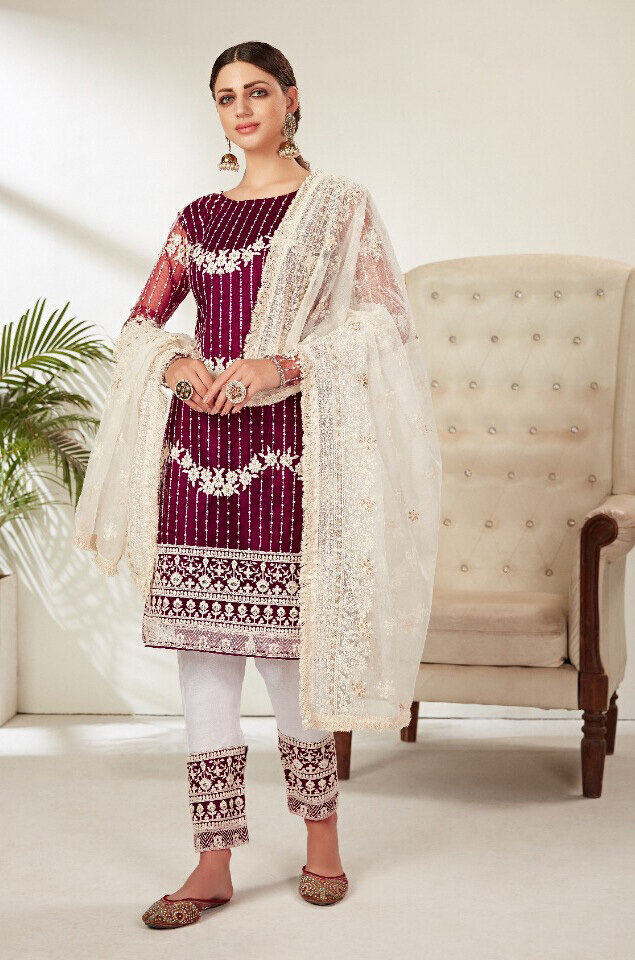 Heavy Embroidered Butterfly Net Pakistani Suit In Purple