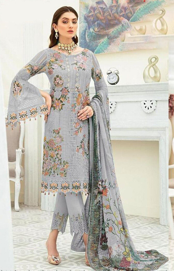 Heavy Embroidered Faux Georgette Pakistani Suit In Grey