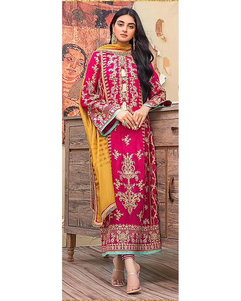 Heavy Embroidered Faux Georgette Pakistani Suit In Rani