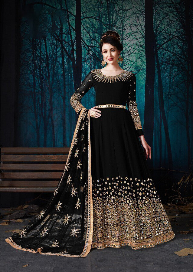 Heavy Embroidered Georgette Anarkali Suit In Black