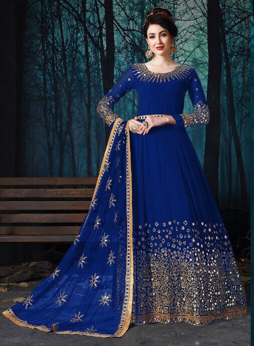 Heavy Embroidered Georgette Anarkali Suit In Royal Blue