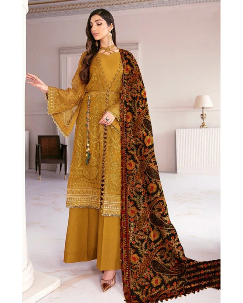 Heavy Embroidered Georgette Pakistani Suit In Mustard Yellow