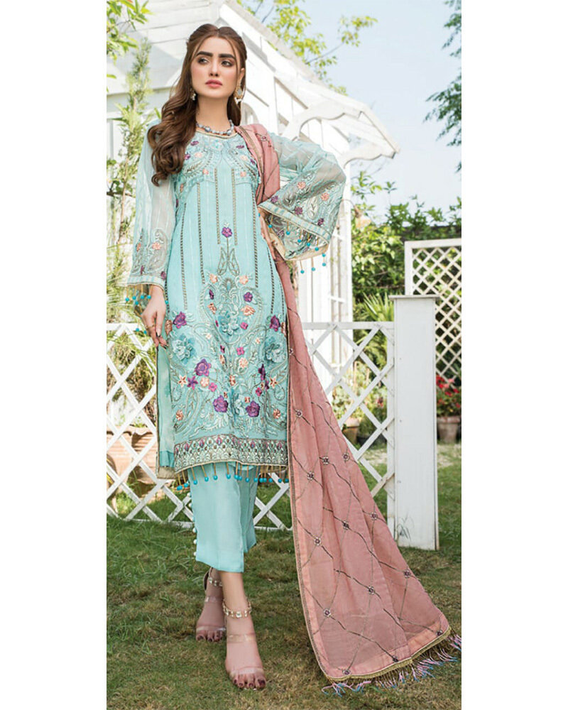 Heavy Embroidered Georgette Pakistani Suit In Sky Blue