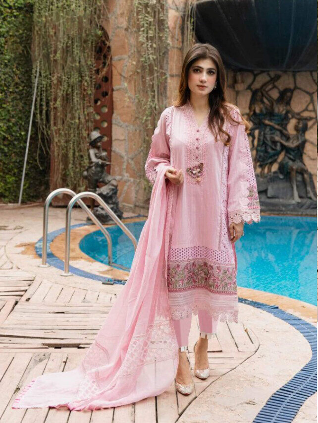 Heavy Embroidered Lawn Cambric Pakistani Suit In Baby Pink