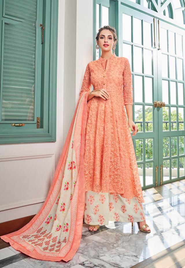 Heavy Embroidered Maslin Plazzo Suit In Peach