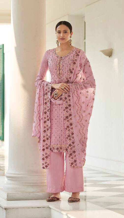 Heavy Embroidered Pure Viscos Chinon Plazzo Suit In Pink