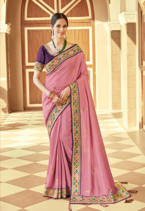 Heavy Embroidered Raw Silk Saree In Pink