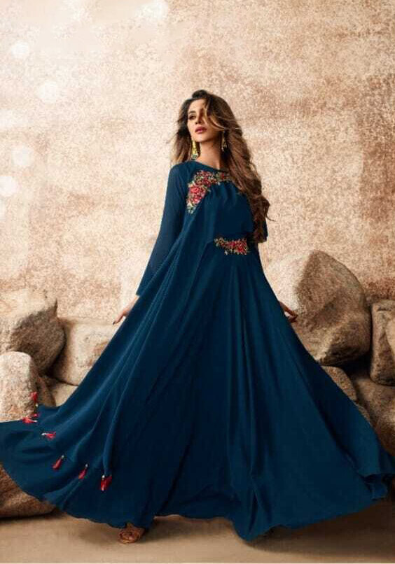 Heavy Embroidered Semi Georgette Gown In Prussian Blue