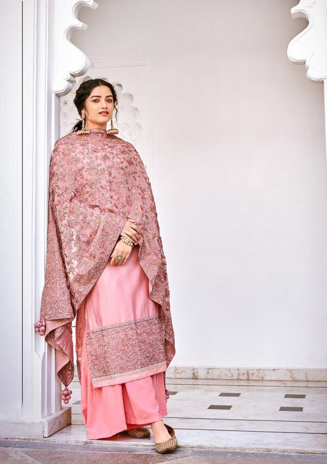 Heavy Embroidered Viscose Silk Plazzo Suit In Baby Pink