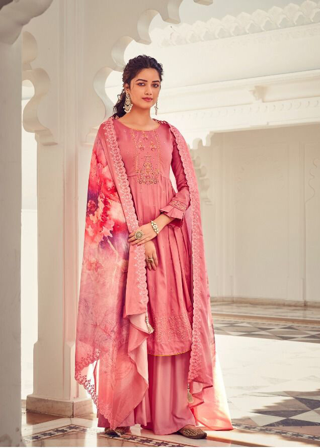 Heavy Embroidery Pure Jam Cotton Plazzo Suit In Pink