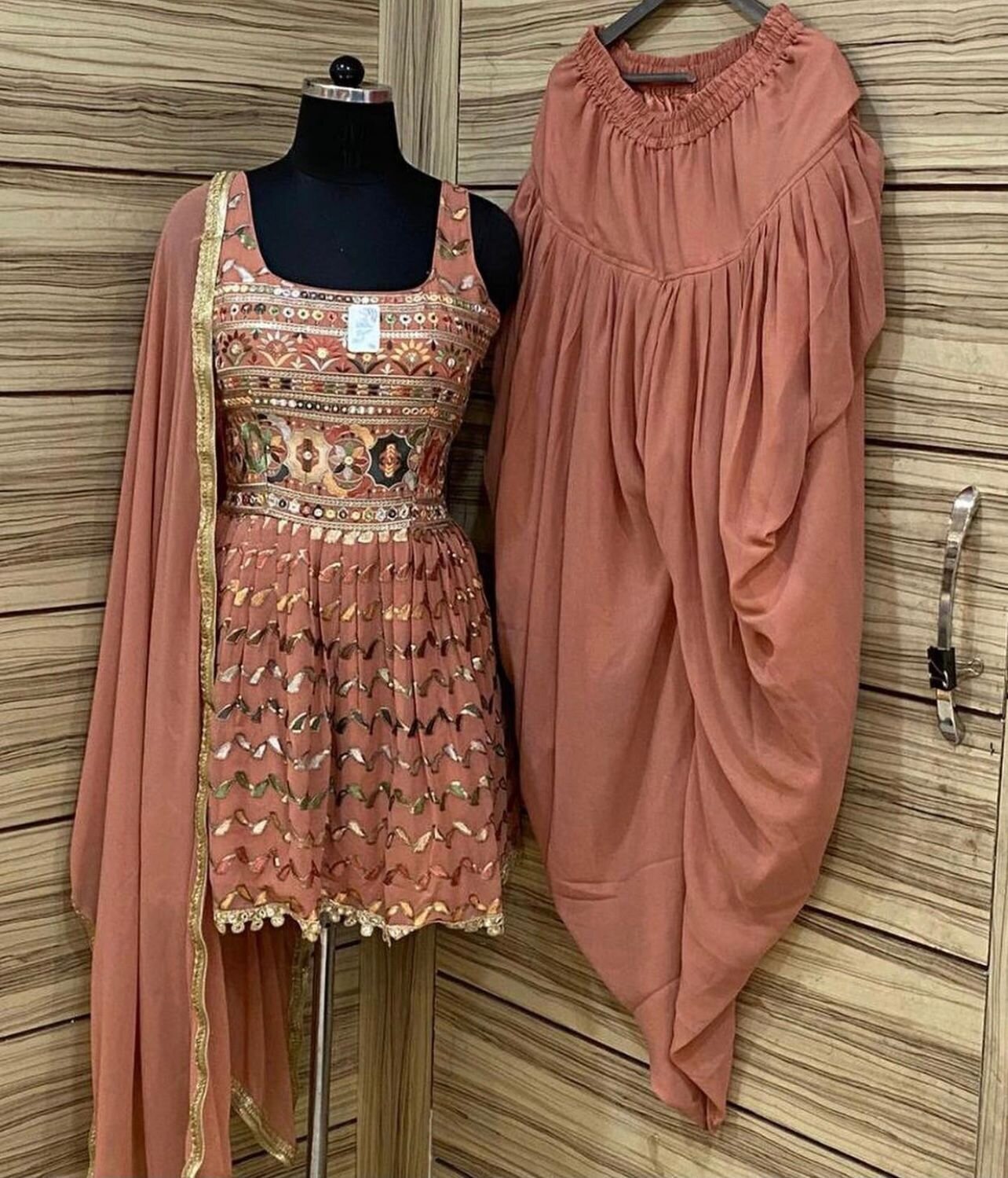 Heavy Georgette Embroidered Dhoti Suit In Peach