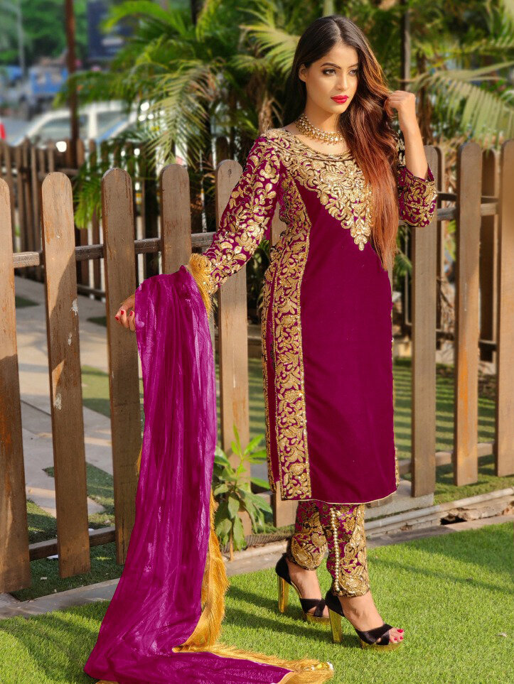Heavy Pakistani Suit With Embroidery Velvet In Violet