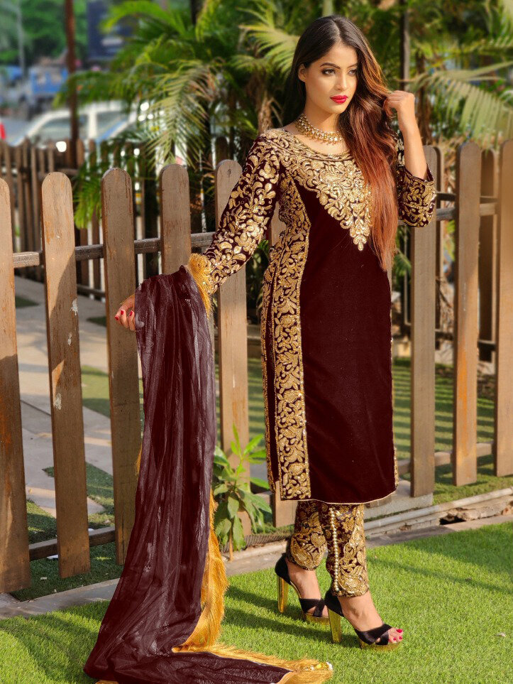 Heavy Pakistani Suit With Embroidery Velvet In Wine