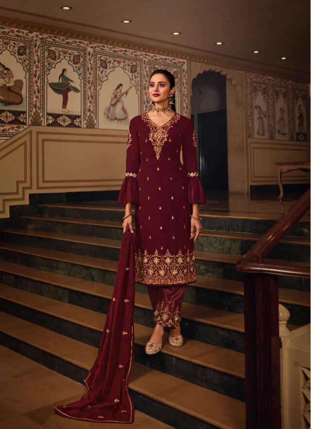 Heavy Pakistani Suit With Work In Maroon