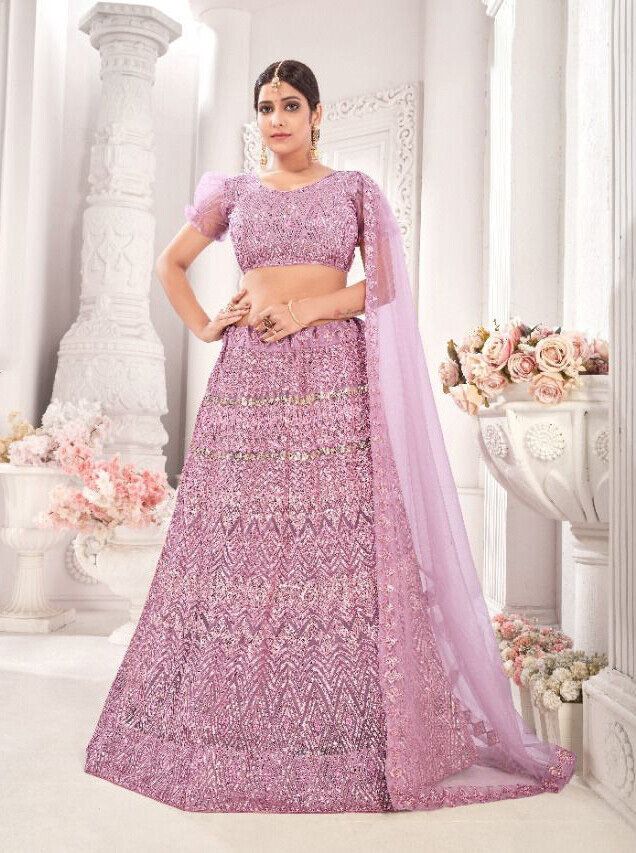 Heavy Sequence Embroidered Net Lehenga Choli In Onion Pink