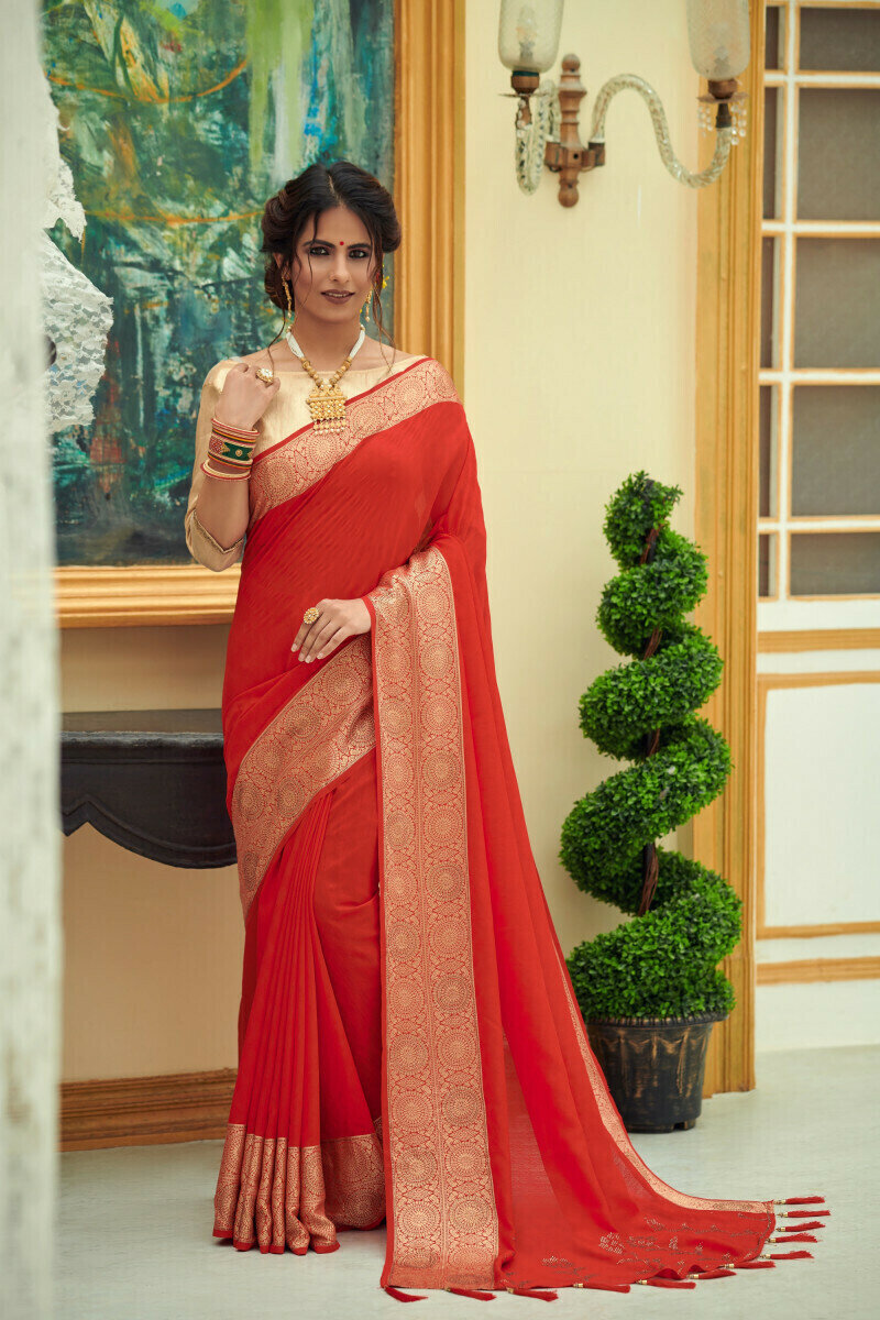 Heavy Silk Embroidered Saree In Red