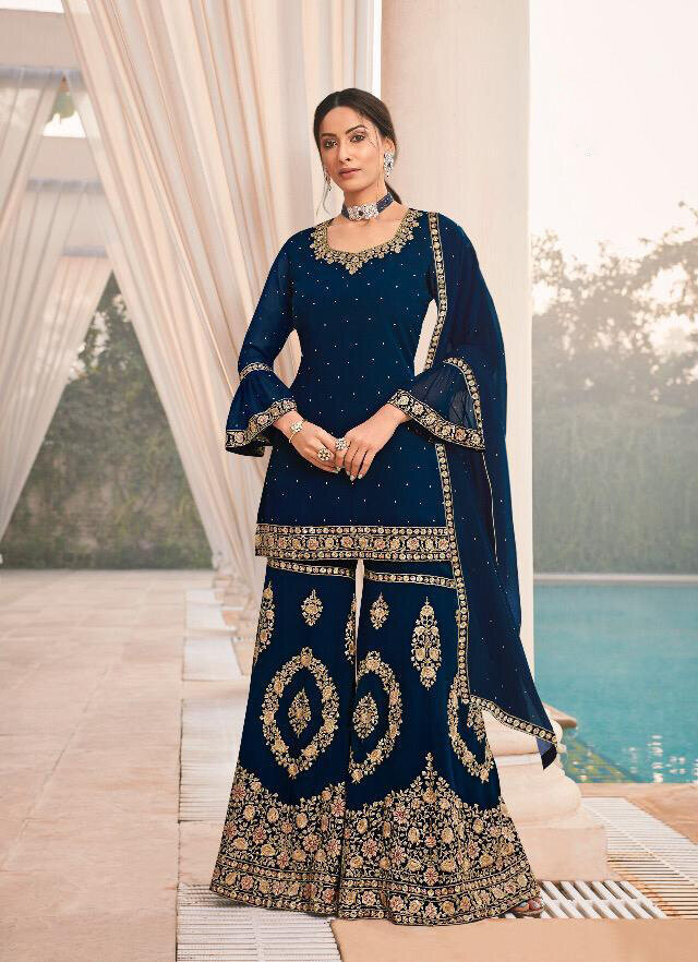 Indigo Embroidery Sequence Georgette Sharara Suit