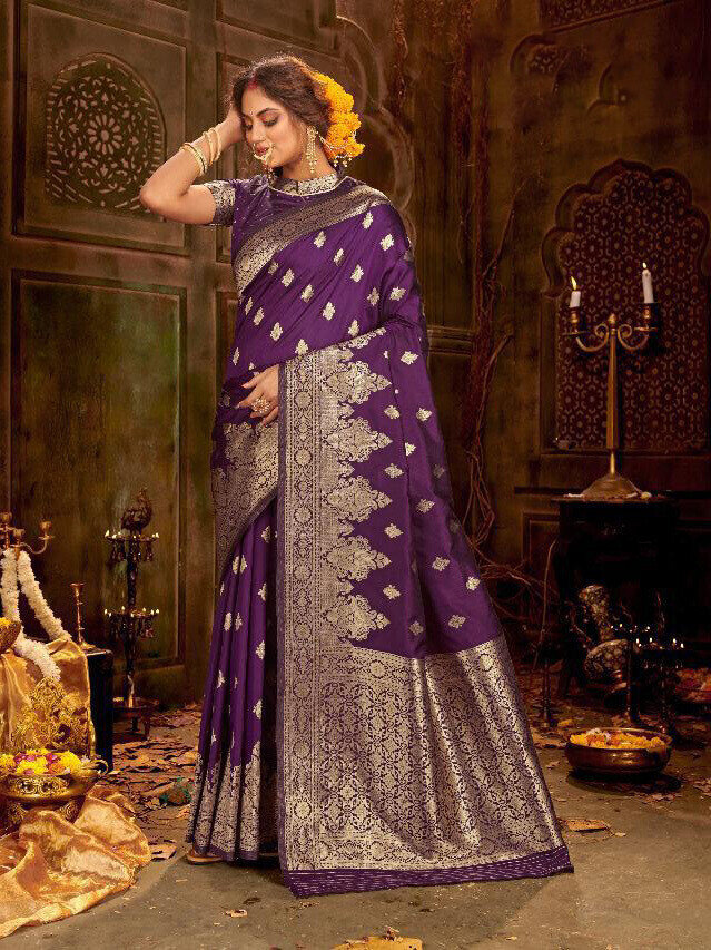 Jacquard Woven Banarasi Silk Saree In Violet