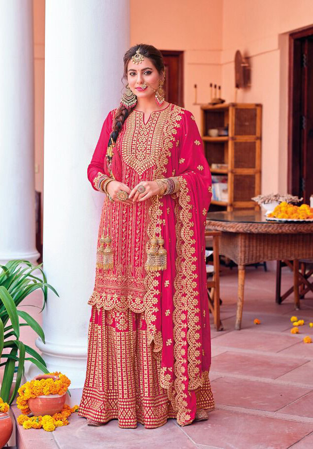 Karwachauth Special Dress With Heavy Embroidered Chinon In Rani
