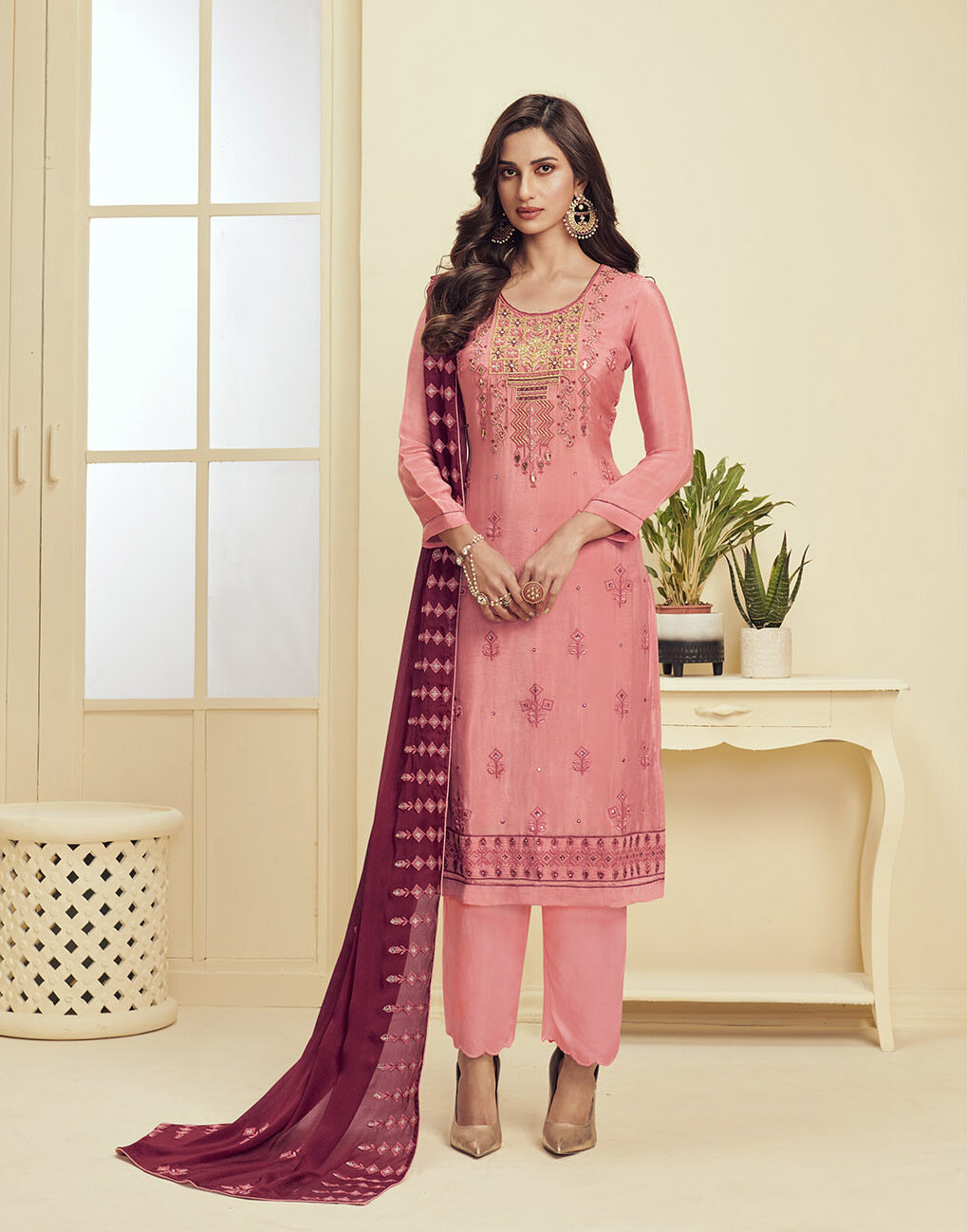 Khatli Sequence Embroidered Pant Suit In Rouge Pink