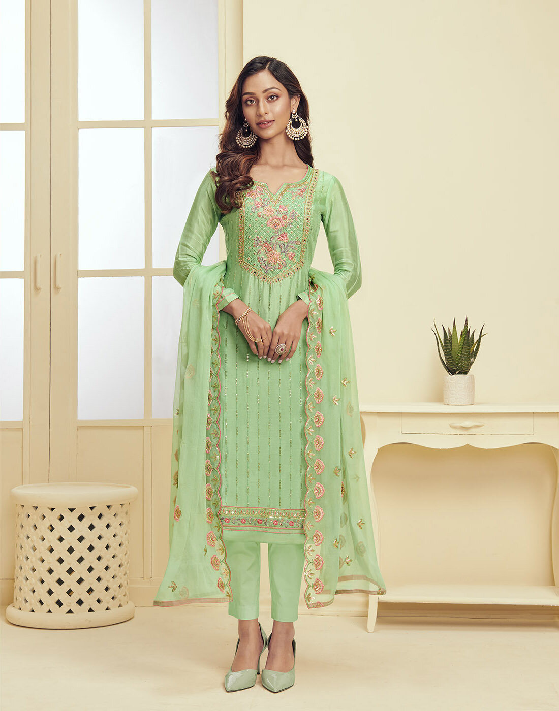 Khatli Sequence Embroidered Pant Suit In Seafoam Green