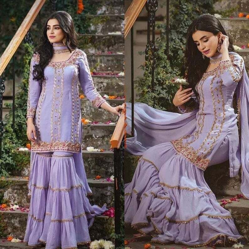 Lavender Sharara Suit With Embroidery Work, Indian Salwar Kameez, Wedding Wear Suit, Readymade Suit, Pakistani Sharara