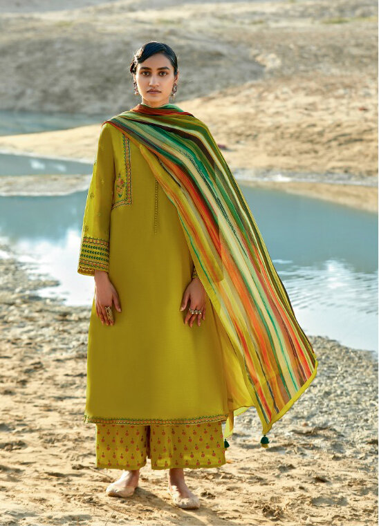Lime Green Embroidered Cotton Silk Plazzo Suit
