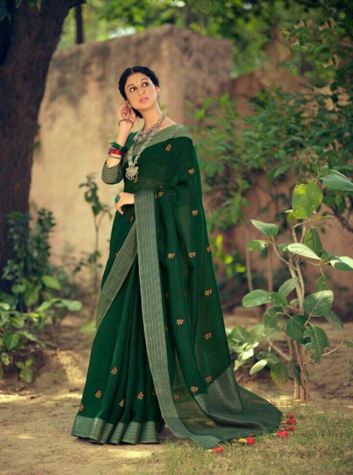 Linen Embroidery Butti saree In Bottle Green