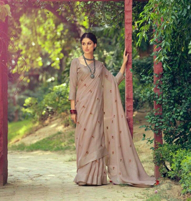Linen Embroidery Butti saree In Brown