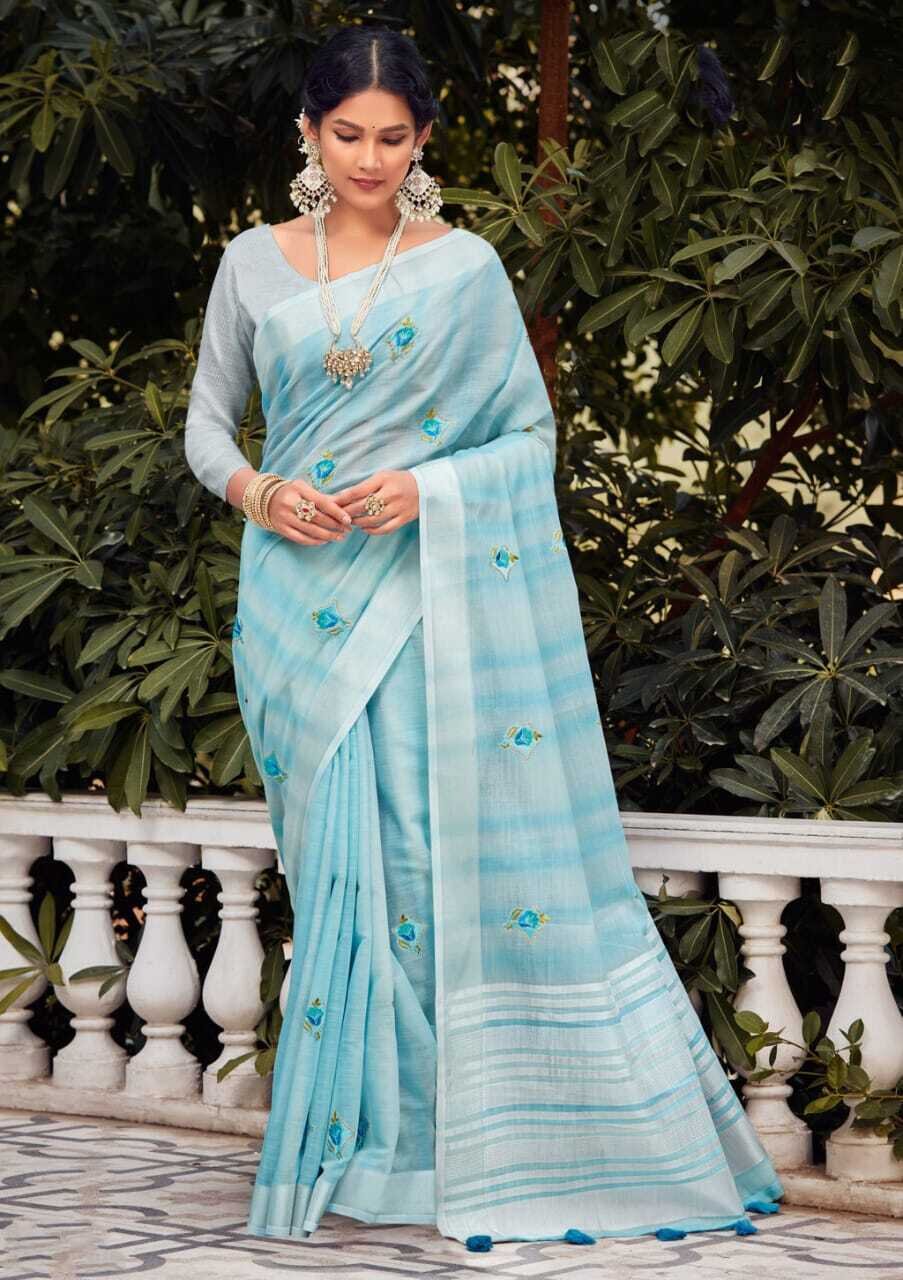 Linen Embroidery saree In Sky Blue