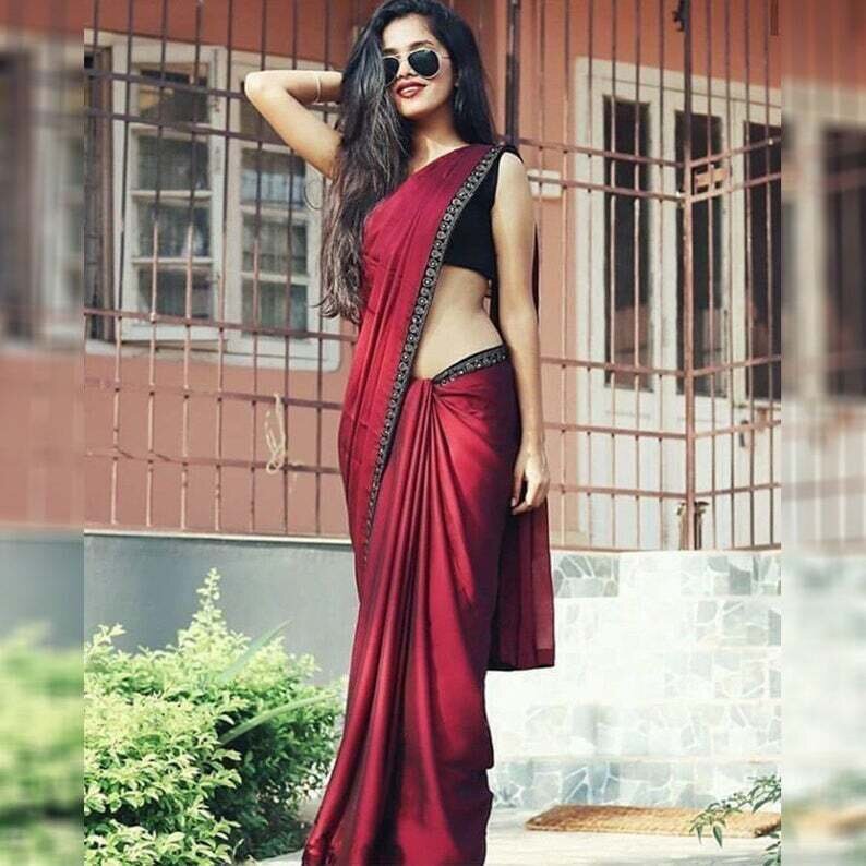 Maroon Soft Silk Bollywood Saree Black Choli Blouse Sari Blouse Night Party Wear Indian Wedding Ceremony Sari Party Wear with Formal Blouse