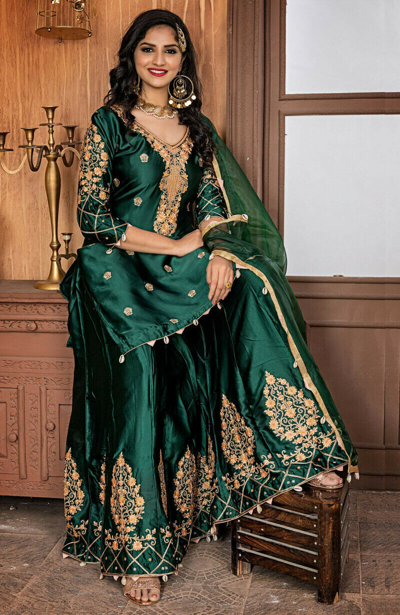 Mesmeric Party Wear Malai Satin Bottle Green Color Sharara Suit