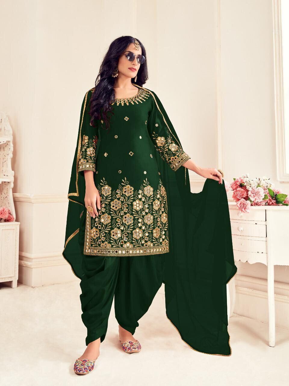 Mirror Work Bitalian Soft Silk Punjabi Suit In Green