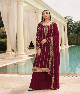 Heavy Georgette Embroidered Sharara Suit In Maroon