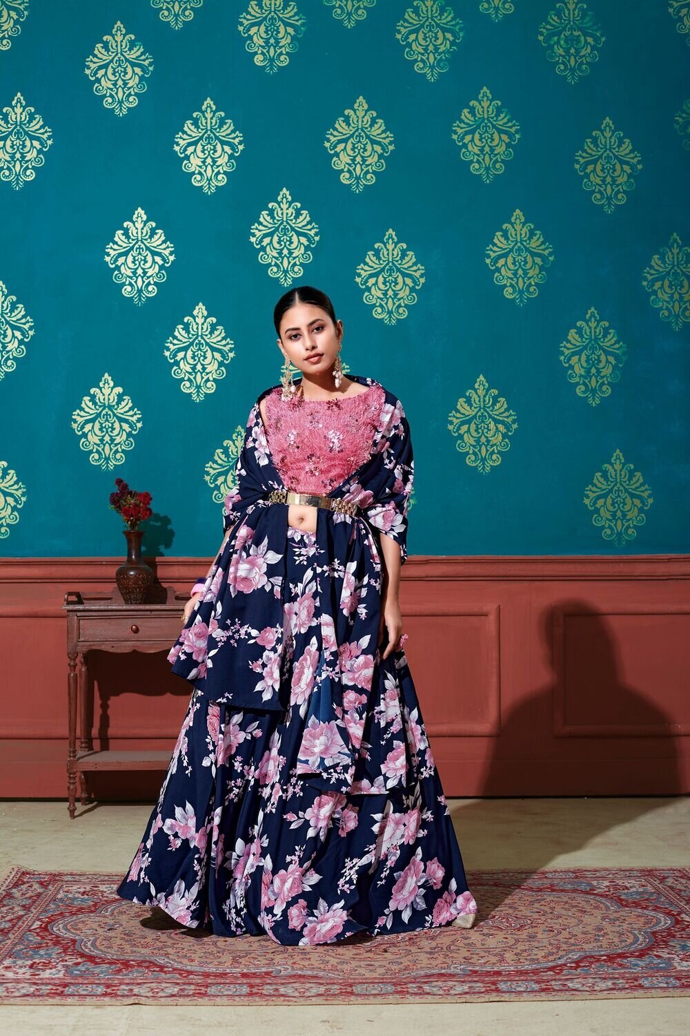 Navy Blue Pink Color Thread With Sequence Embroidered Cotton Lehenga Choli