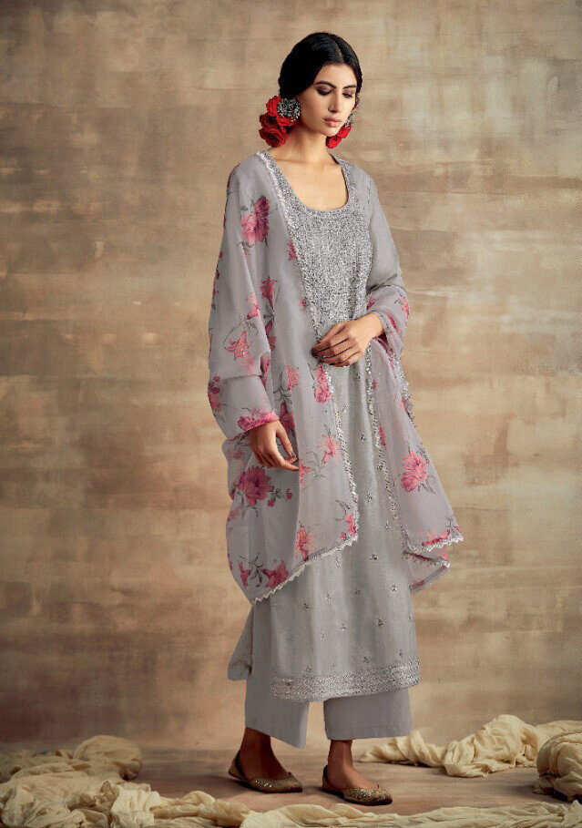 Neck Embroidered Tusser Silk Plazzo Suit In Grey