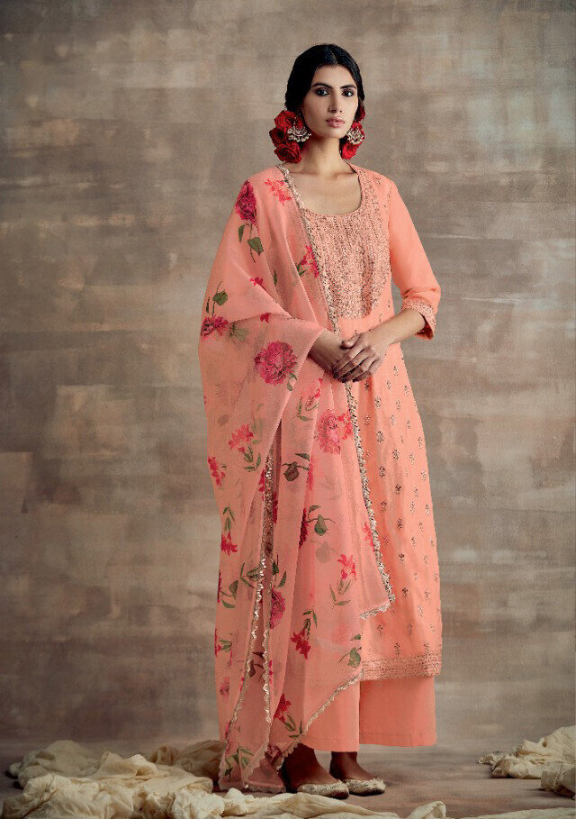 Neck Embroidered Tusser Silk Plazzo Suit In Peach