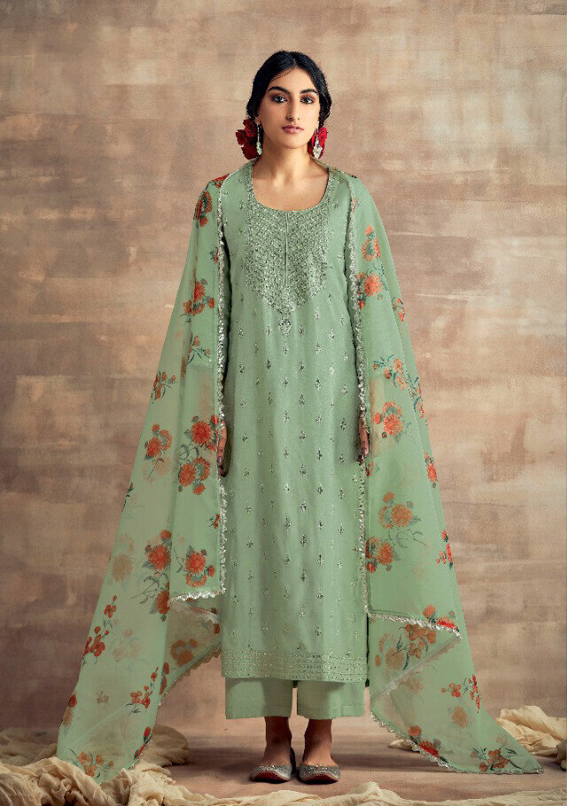Neck Embroidered Tusser Silk Plazzo Suit In Sea Green