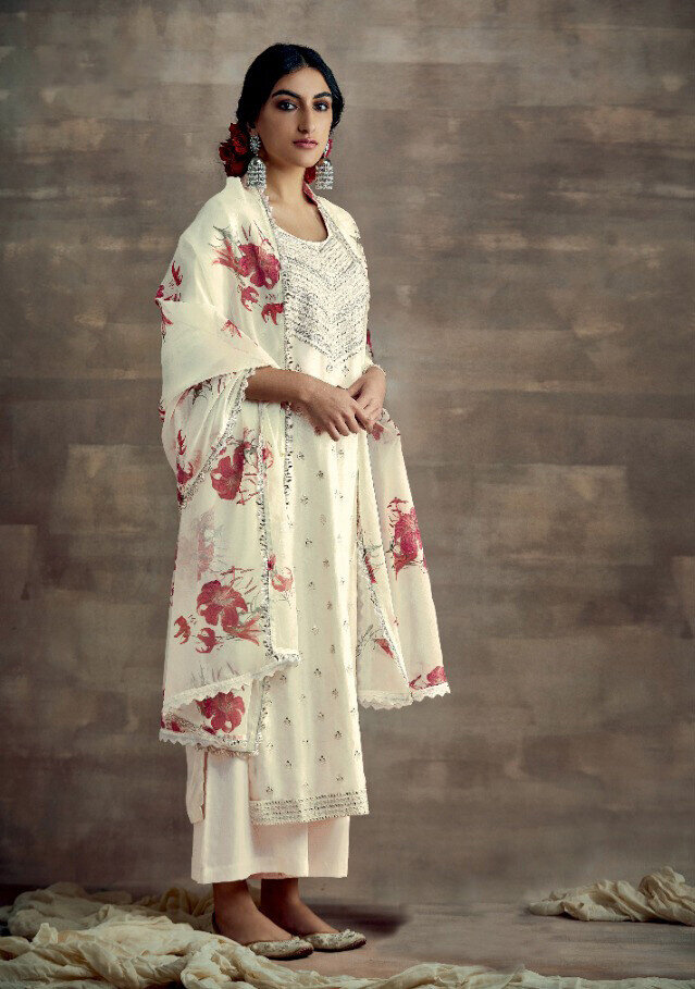 Neck Embroidered Tusser Silk Plazzo Suit In White