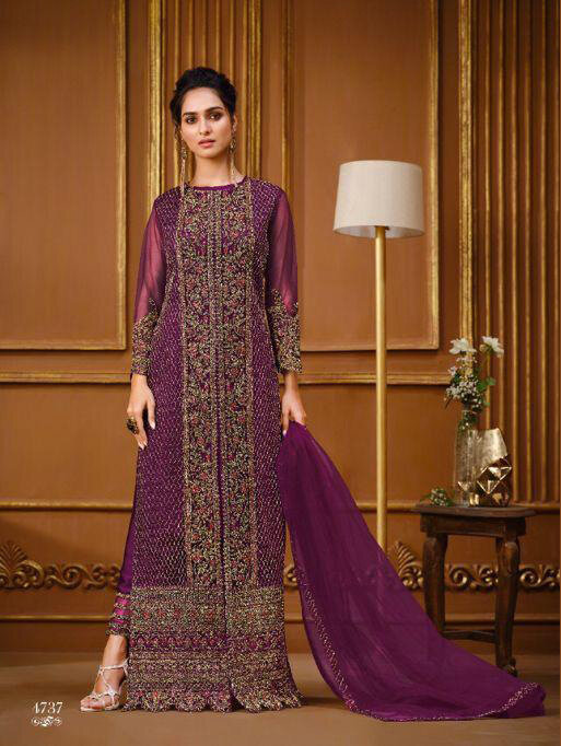 Net Embroidered Zari Work Suit In Prussian Blue